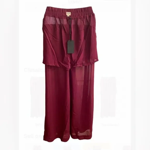 UNIQ Sheer Burgundy Pants with Built In Sheer Shorts Extra Wide Leg Elastic - Picture 5 of 6